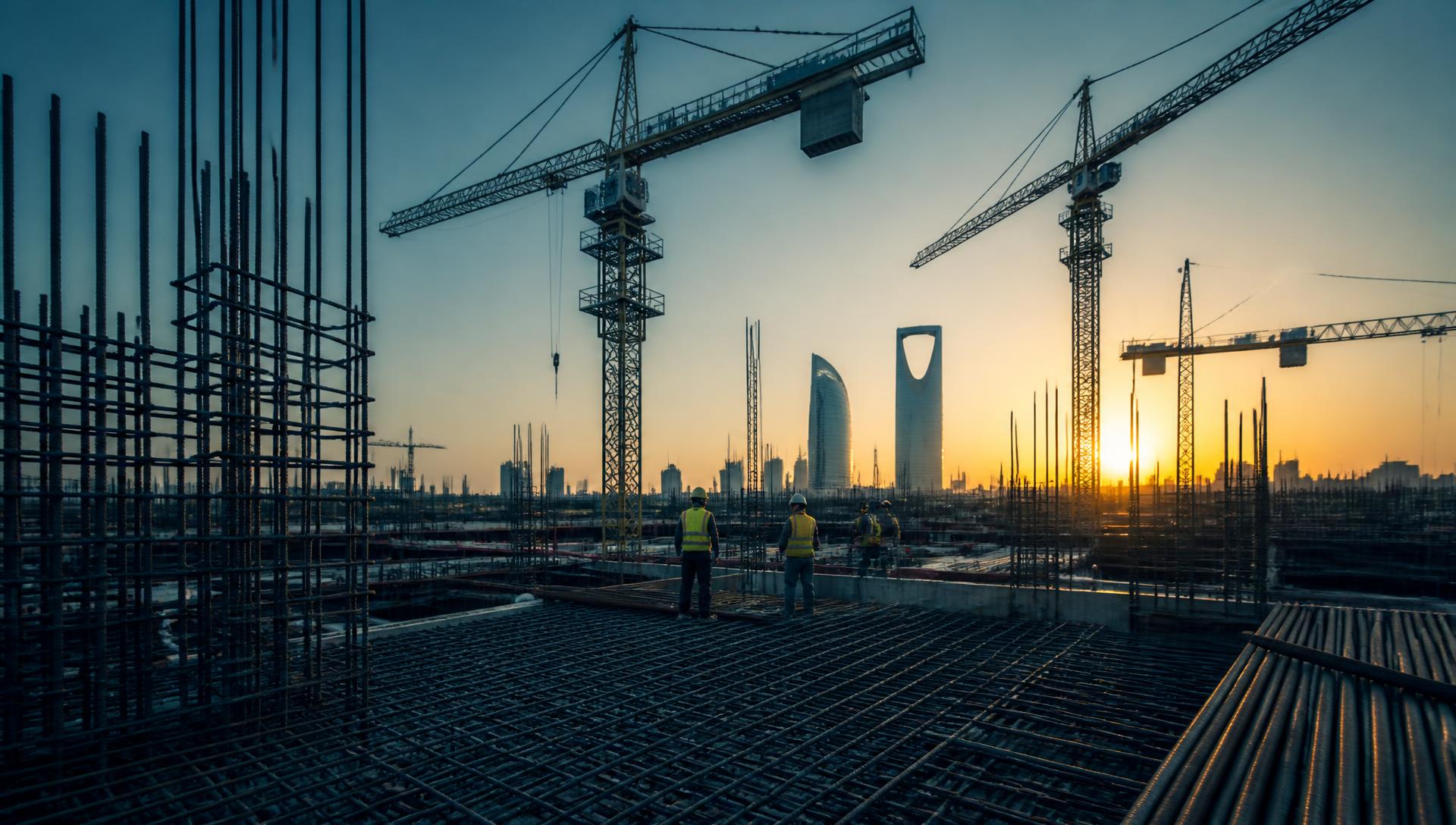 ورشة بناء حديثة في الرياض عند الغروب