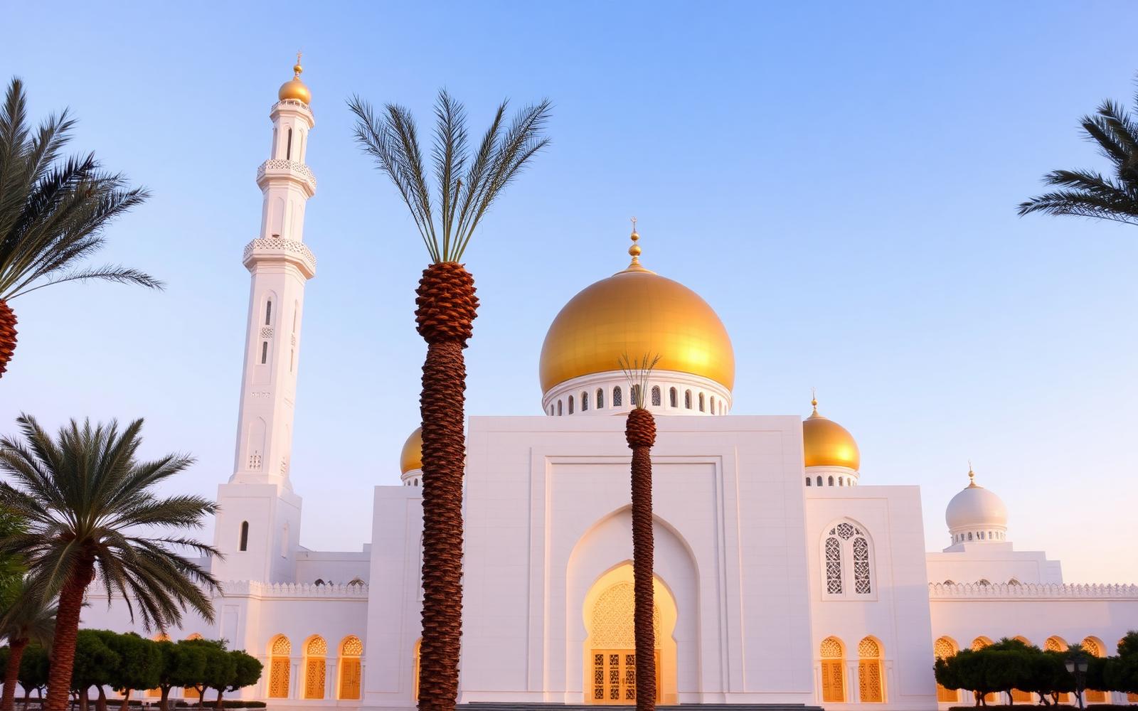 مسجد بقبة ذهبية ومآذن بيضاء بين أشجار النخيل